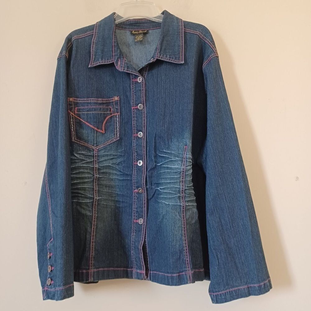 Jean Jacket Sz 22W Western Cowgirl Rodeo Contrast Stitch Stretch Ashley Stewart - Picture 2 of 7